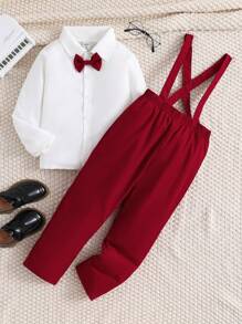 Conjunto De Niño Pequeño Con Camisa Blanca Sencilla Y Pantalones Rojos Con Tirantes, Atuendo De Caballero - Multicolor - Ver 3