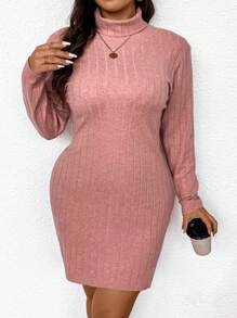 SHEIN Frenchy 肋紋短高領純色修身針織衫裙,大碼 - 西瓜粉 - 查看 5