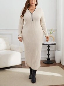 SHEIN Essnce Women'S Plus Size Ribbed Zip Front Dress - Apricot - View 5