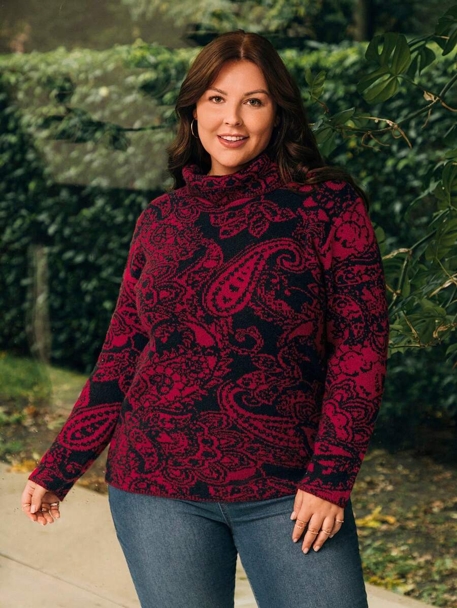 EMERY ROSE 女裝加大尺碼印花高領毛衣 - 彩色 - 查看 1