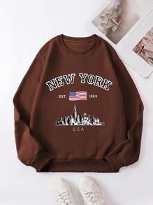 SHEIN EZwear 文字印花圓領休閒時尚運動衫 - 咖啡棕 - 查看 1