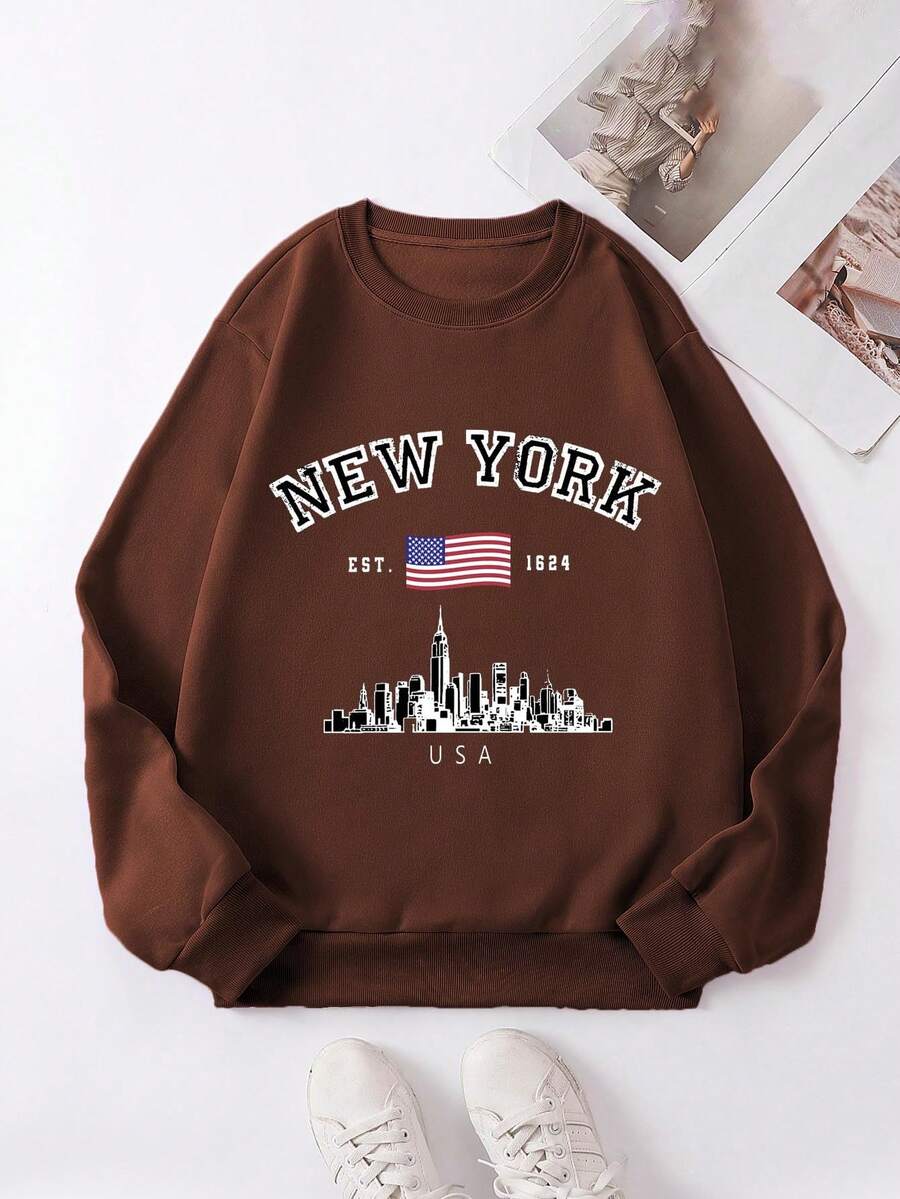 SHEIN EZwear 文字印花圓領休閒時尚運動衫 - 咖啡棕 - 查看 1