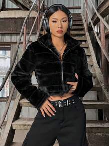 SHEIN Unity Zip Up Crop Teddy Jacket Black Fur Jacketplush Jacketcropped Jacketcrop Jacketcrop Jackets For Women Fall Winter Cloth For Women - Black - View 5