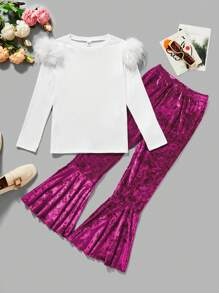 SHEIN 2pcs/Set Tween Girls' Cap Sleeve Long Sleeve T-Shirt And Pants - Hot Pink - View 1