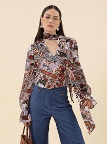 SHEIN Privé 佩斯利印花荷葉邊袖襯衫,領口繫帶 - 彩色 - 查看 5