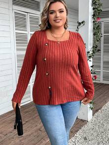 EMERY ROSE Hơn Chi tiết Nút Viền chia cắt Áo thun - trái cam - Xem 3