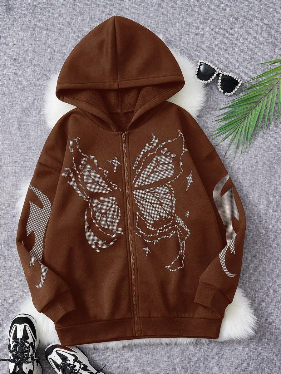 SHEIN EZwear Sudadera Con Capucha Y Cremallera Con Estampado De Mariposa Y Manga Larga De Talla Grande