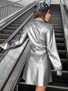 SHEIN ICON Silver Pu Shirt A-line Dress - Silver - View 2
