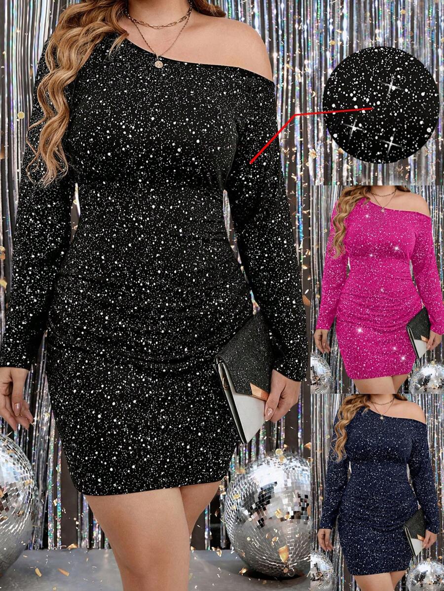 Allurite Hình vết tròng Polka Một bờ vai Kích thước lớn Tay áo dài Váy bodycon - màu đen - Xem 1