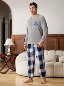 男士字母刺绣泰迪熊睡衣套装/睡衣套装 - 彩色 - 查看 6