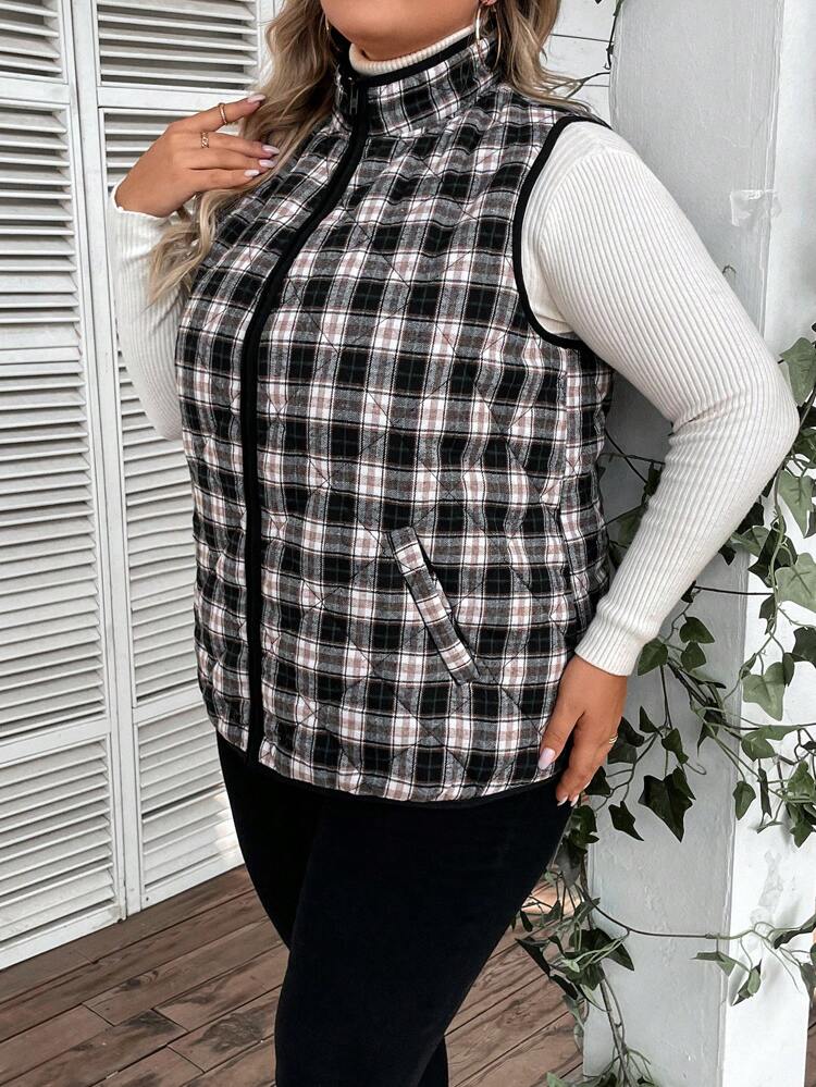 Plaid Plus Size Women'S Padded Vest Coat