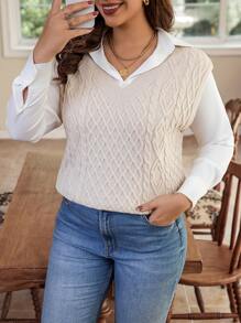 Calvaya Plus Cable Knit Sweater Vest Without Blouse - Apricot - View 4