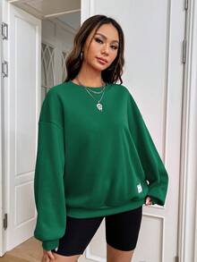 SHEIN EZwear Chất rắn Thả vai Áo nỉ - màu xanh lá - Xem 4