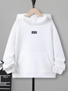 SHEIN Tween Boy Letter Patched Kangaroo Pocket Drop Shoulder Hoodie - White - View 1
