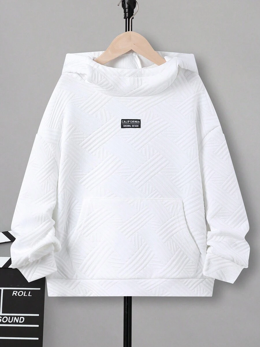SHEIN Tween Boy Letter Patched Kangaroo Pocket Drop Shoulder Hoodie - White - View 1