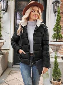 SHEIN LUNE Women's Solid Color Long Sleeve Zipper Stand Collar Casual Padded Padded Coat, Winter Clothes - Black - View 3