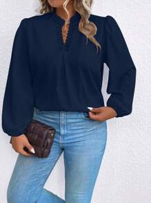 SHEIN Clasi Kích thước lớn Màu thuần Ren Nối Tay áo lồng đèn Áo sơ mi - Màu xanh hải quân - Xem 4