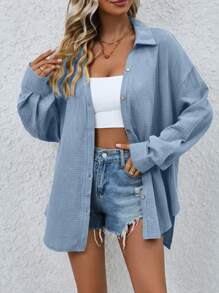 SHEIN LUNE Áo trễ vai trơn - Màu xanh lam - Xem 1