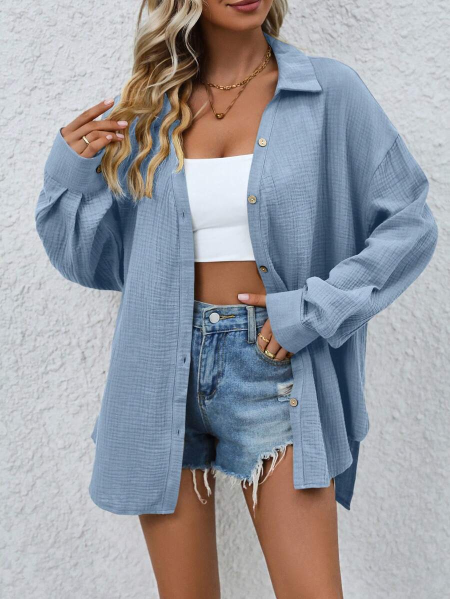 SHEIN LUNE Áo trễ vai trơn - Màu xanh lam - Xem 1