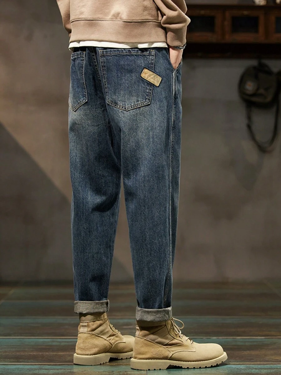 男士斜口袋水洗牛仔褲 - 藍色 - 查看 1