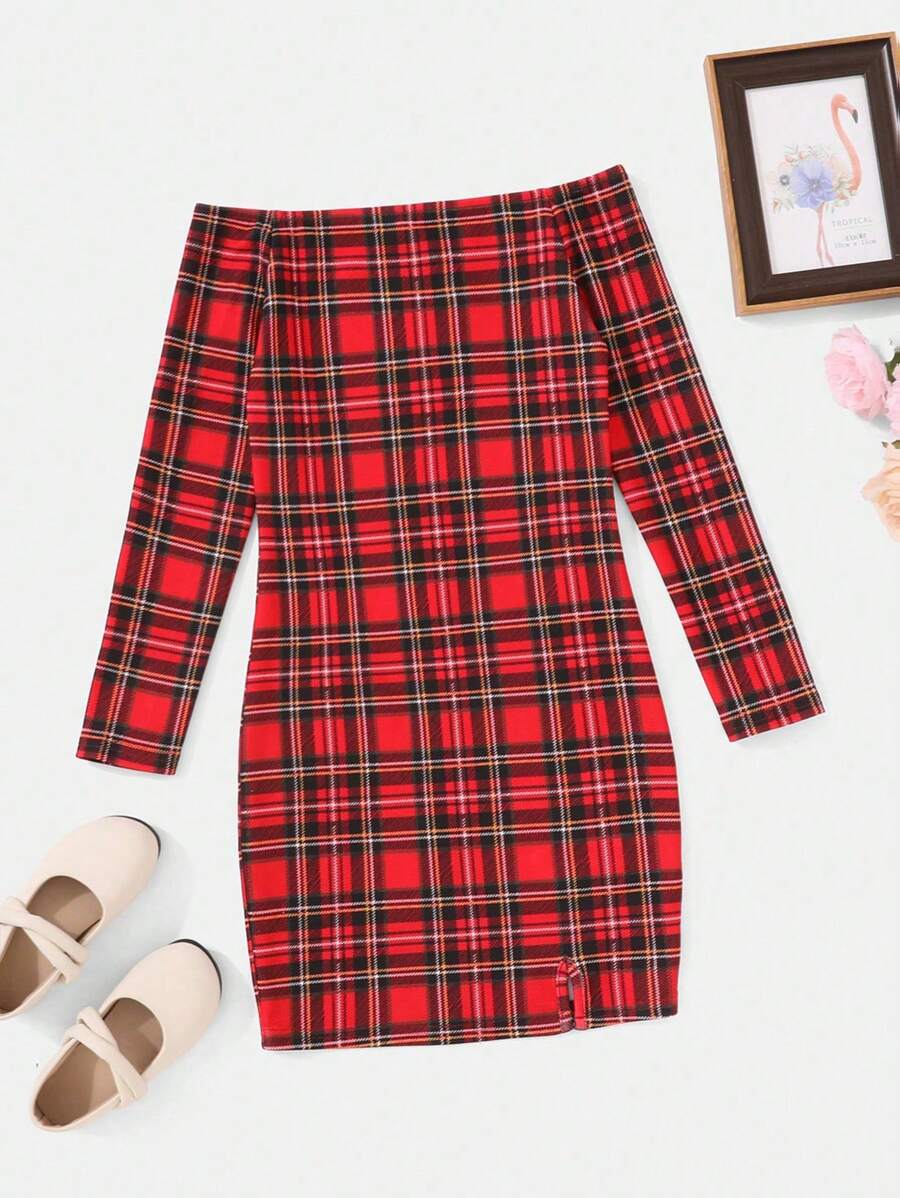 SHEIN Tween Girl Plaid Print Off Shoulder Split Hem Dress - Multicolor - View 1