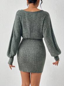 SHEIN Frenchy Batwing Sleeve Ribbed Knit Belted Dress Winter
