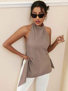 SHEIN Privé 女式不对称下摆挂脖衬衫 - 卡其色 - 查看 3