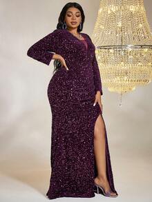 Women's Glittering Long Sleeve Bodycon Evening Dress - Purple - View 4