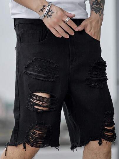 Manfinity EMRG Men Cotton Ripped Raw Hem Denim Shorts Plain Denim Jorts Vacation Baggy Black Denim Shorts, For Husband, Boyfriend Gifts Work Going Out Urban Street