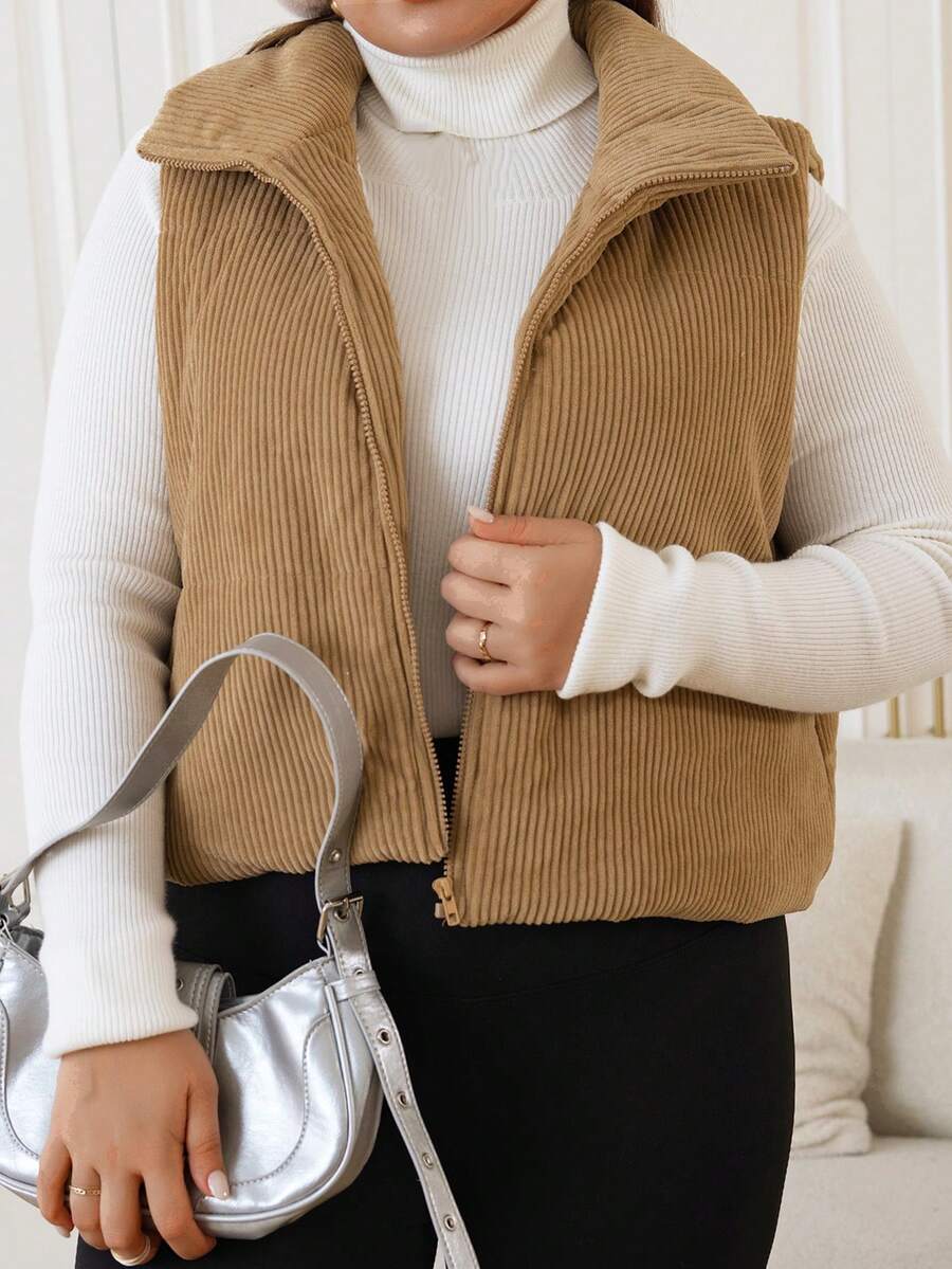 SHEIN EZwear 大码拉链灯芯绒背心夹棉大衣 - 棕色 - 查看 1