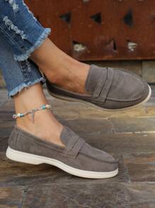 Women's Slip-on Loafers, Gray Formal Shoes With Open Top Strap Decoration, Flat Heel