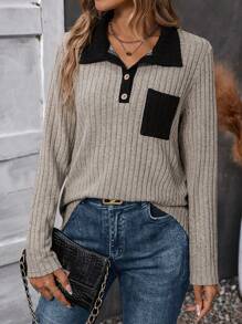 SHEIN LUNE Vá lại Cổ bẻ Tương phản Màu sắc Dài tay Áo thun - Nhiều màu - Xem 3