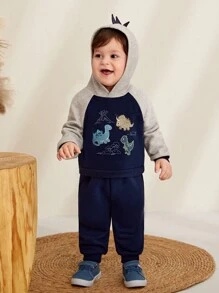 Baby Boy Dinosaur Print Raglan Sleeve Hoodie & Sweatpants - Navy Blue - View 5