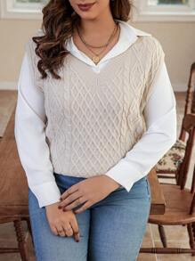 Calvaya Plus Cable Knit Sweater Vest Without Blouse - Apricot - View 1