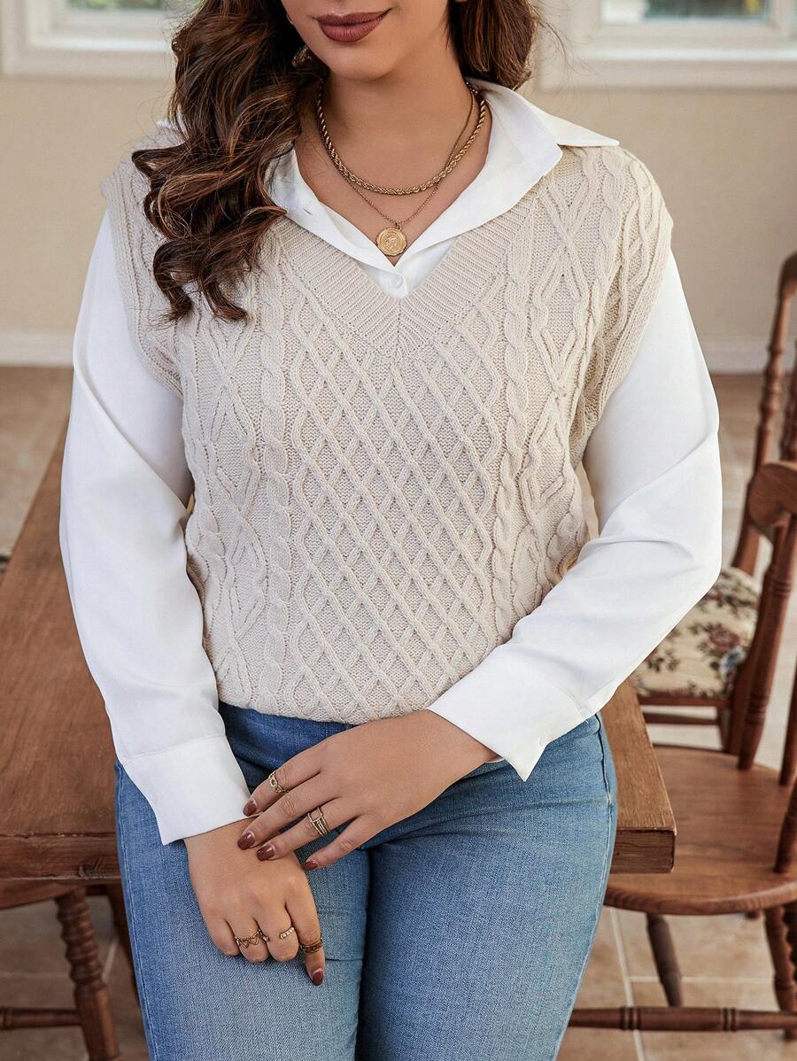 Calvaya Plus Cable Knit Sweater Vest Without Blouse - Apricot - View 1