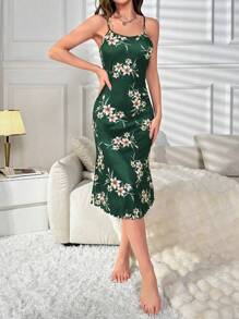 Floral Printed Strap Maxi Pajama Dress Perfect For Summer - Green - View 4