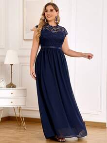 MIUSOL Plus Size Contrast Color Lace Chiffon Evening Party Long Formal Dress - Navy Blue - View 6