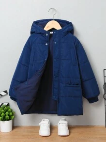 SHEIN Young Boy 1pc Raglan Sleeve Hooded Padded Coat - Navy Blue - View 5