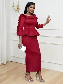 Lace Trimmed Round Neck Slim-fit Long Sleeve Dress - Red - View 6