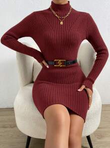 SHEIN Privé 女式立領修身毛衣洋裝 - 酒紅色 - 查看 6