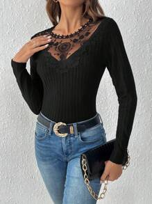 SHEIN Frenchy Women's Lace Splicing Ribbed T-shirt - Black - View 1