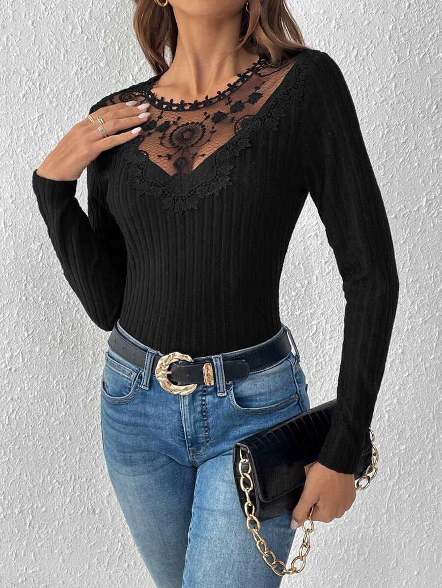 SHEIN Frenchy Women's Lace Splicing Ribbed T-shirt - Black - View 1
