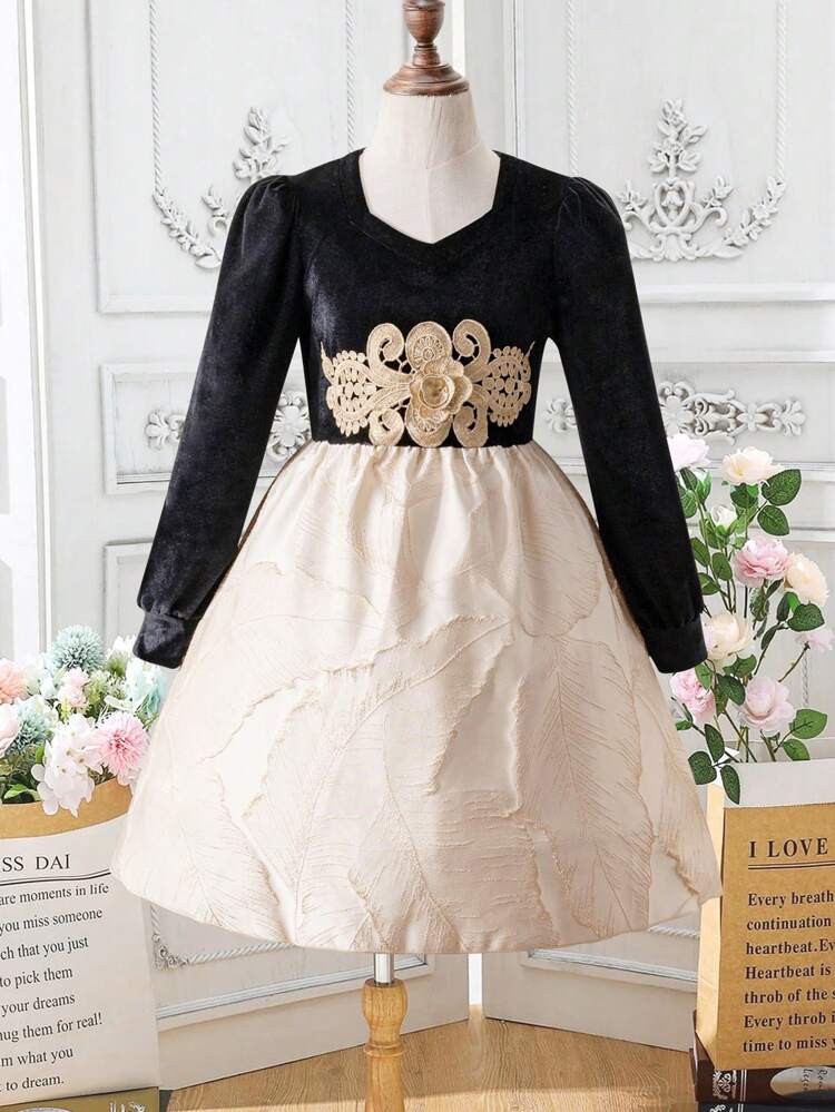 Girls' Embroidered Floral Color Block Dress, Fall/winter