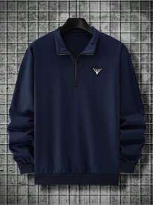 Manfinity Mode 男士半拉鍊刺繡長袖運動衫 - 藏蓝色 - 查看 3