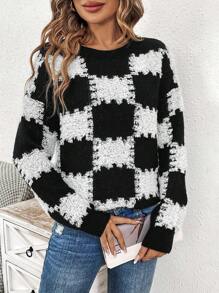 SHEIN Frenchy Hoa văn kẻ sọc Thả vai Áo len - màu đen - Xem 6
