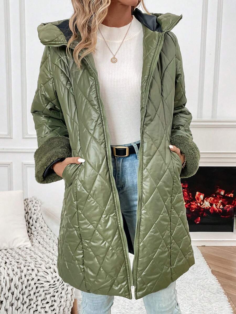 Chiquease 女士拉链前连帽菱形格纹绗缝加厚棉服外套冬季 - 軍綠色 - 查看 1