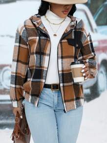 SHEIN Franclia Plus Plaid Drop Shoulder Drawstring Hooded Jacket - Multicolor - View 1