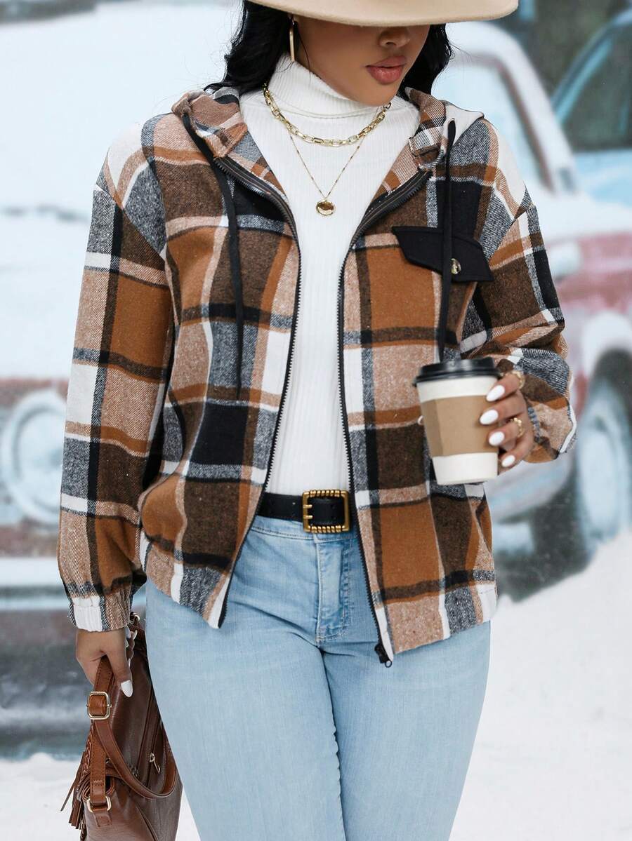 SHEIN Franclia Plus Plaid Drop Shoulder Drawstring Hooded Jacket - Multicolor - View 1