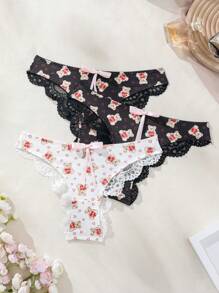 SHEIN 女款卡通印花可愛熊蝴蝶結裝飾三角內褲