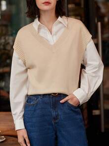 SHEIN Frenchy Women's V-neck Sweater Vest - Khaki - View 3